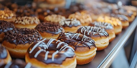 Freshly Baked Chocolate Donuts Displayed in a Bakery Showcase