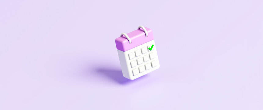 pastel-colored 3d rendered calendar with checkmark on purple background