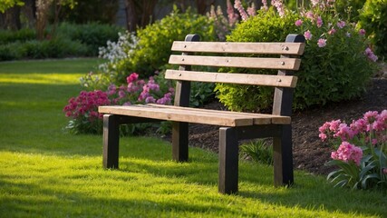 Fototapeta premium Wooden bench surrounded by blooming flowers in a sunny garden