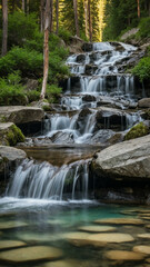 Obraz premium Alpine waterfall cascading into a clear pool.