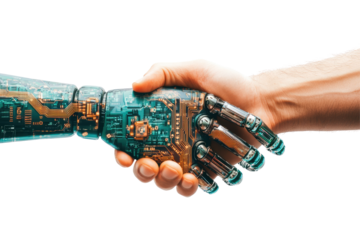 A futuristic handshake between a realistic human and robot on transparent background