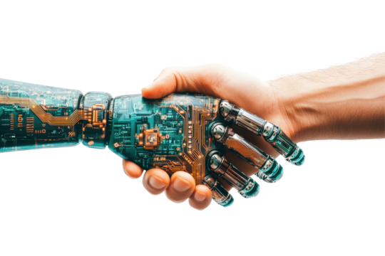 A futuristic handshake between a realistic human and robot on transparent background