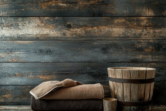 Cozy spa setting with towels and wooden bucket for relaxation and wellness, perfect for promoting self care and tranquility in a serene environment
