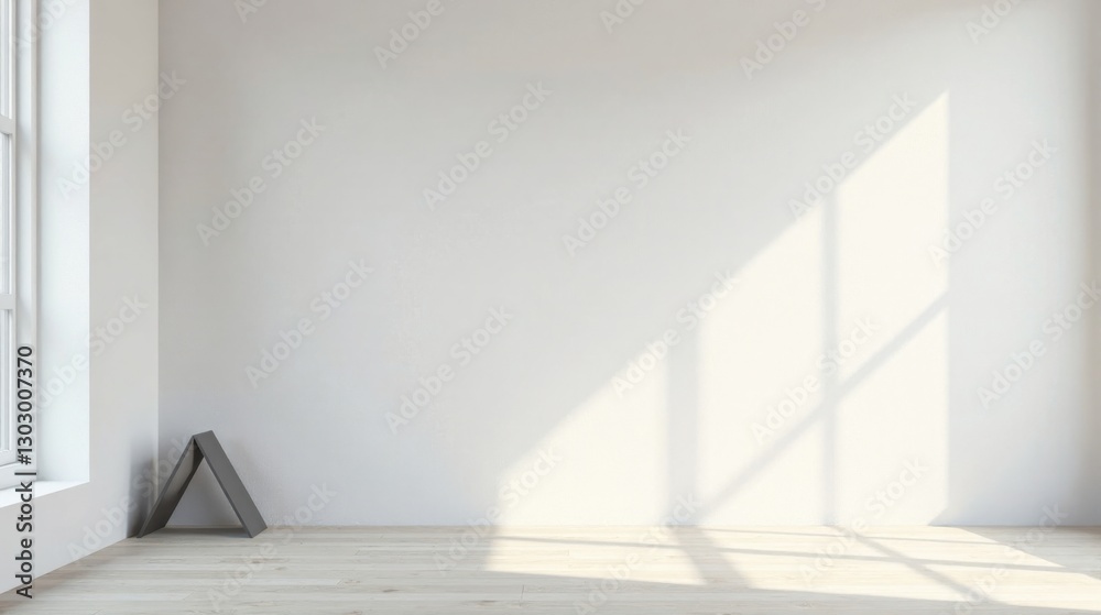 Aufkleber sunlight streams through a window onto a minimalist room with a blank wall and a simple, dark gray, 