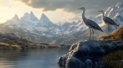 Grayscale Herons Gazing at Sunset Over Majestic Mountains and Serene Waterscape