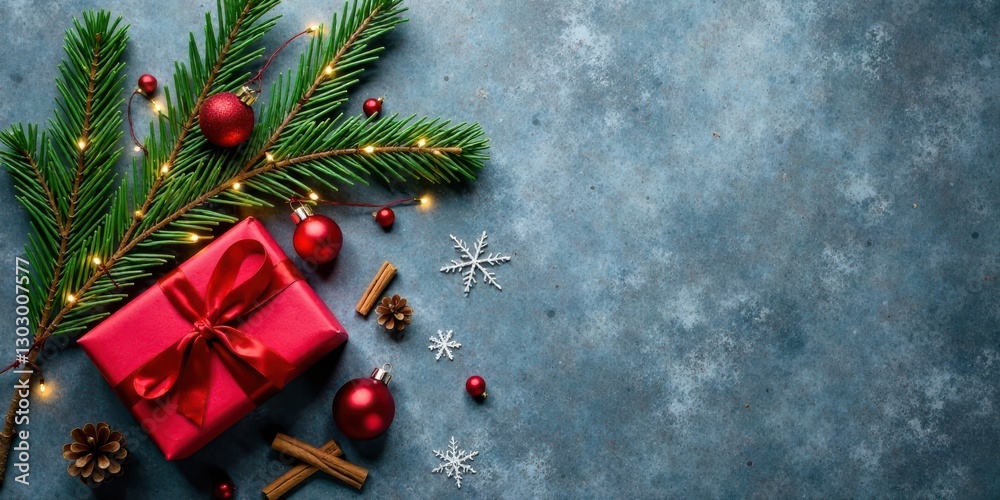 Poster festive season presents and evergreen branch with sparkling lights on textured surface