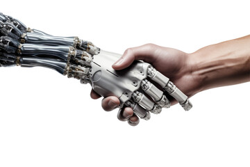 A futuristic handshake between a realistic human and robot on transparent background