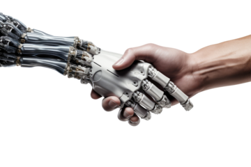 A futuristic handshake between a realistic human and robot on transparent background