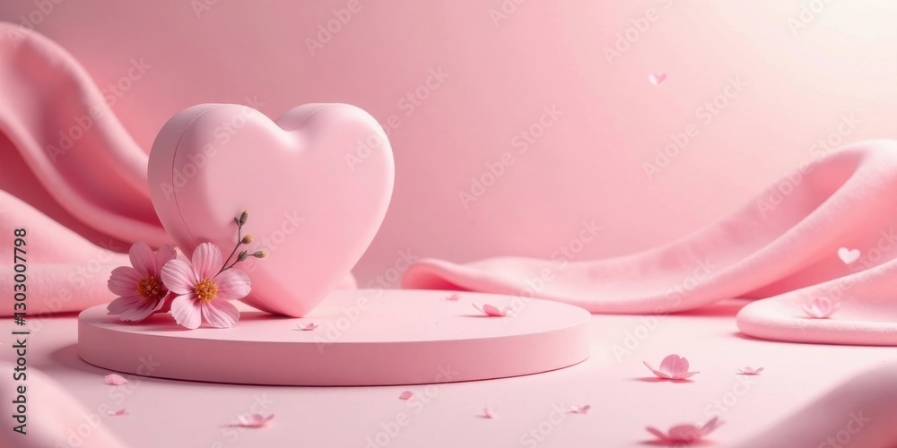 Poster a delicate pink heart rests on a minimalist pedestal, adorned with soft blossoms and surrounded by f