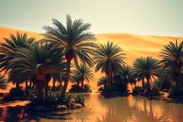 Desert Oasis with Lush Palm Trees Surrounded by Golden Sands and Clear Blue Water