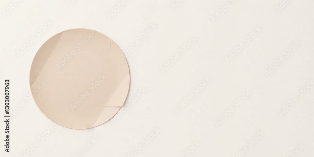 Poster a pale beige circular plate with a unique corner design on a white background, ideal for minimalist 