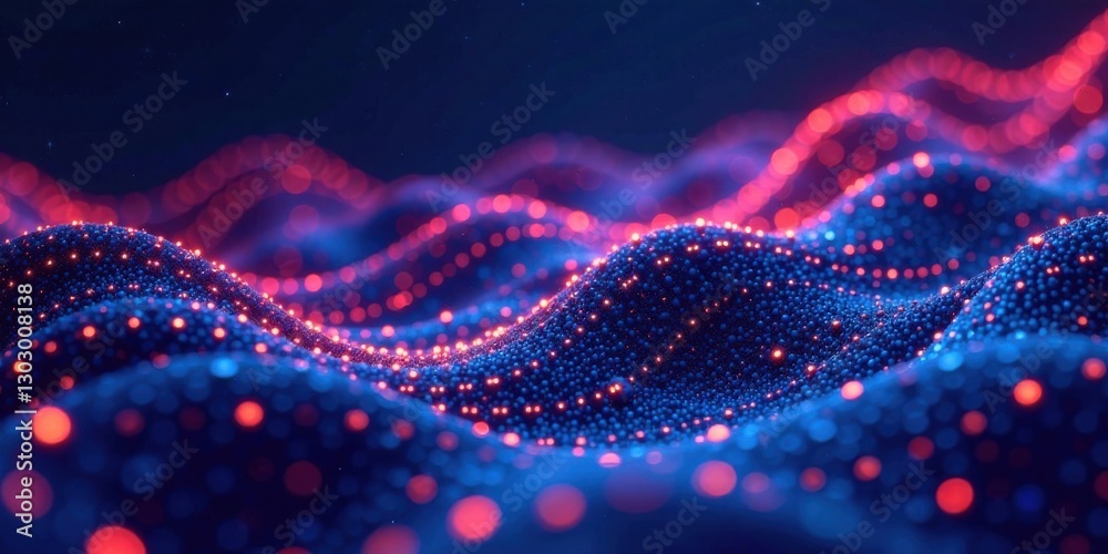 Poster Abstract Glowing Particle Landscape  A mesmerizing display of undulating forms illuminated with vibrant red and blue lights.