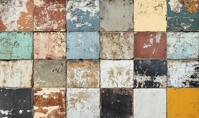 Weathered tiles in various colors create texture.