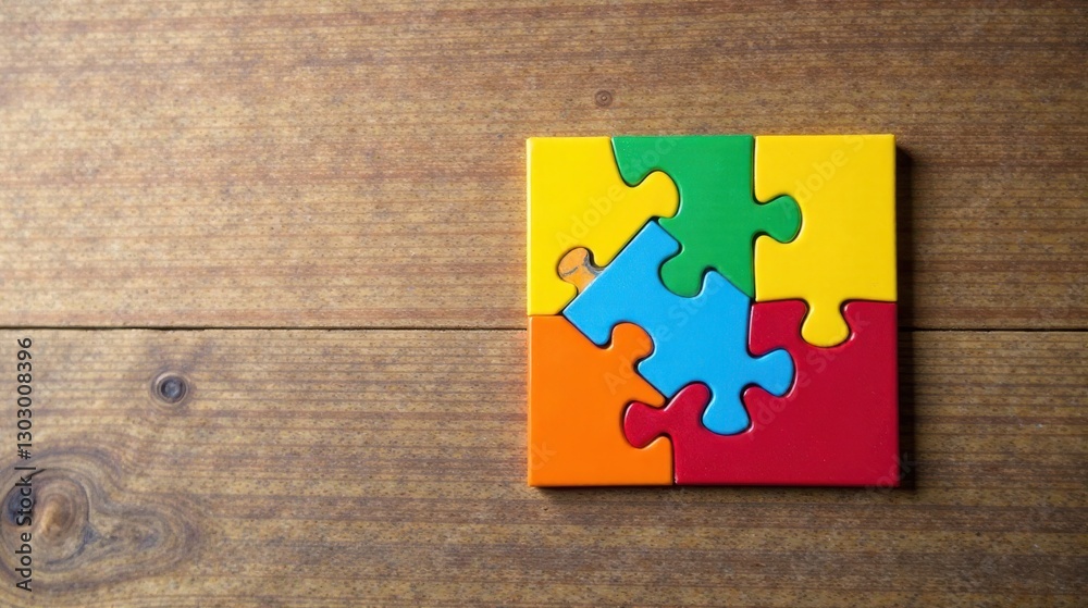 Poster colorful jigsaw puzzle pieces interlocking on wooden surface representing teamwork and collaboration
