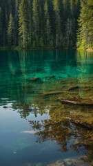 Hidden forest lake, with crystal clear water surrounded by dense trees.