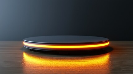 Illuminated dark gray circular podium on wooden surface