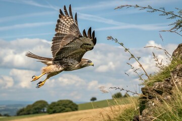 Fototapeta premium Hawk in Flight Over Rural Landscape