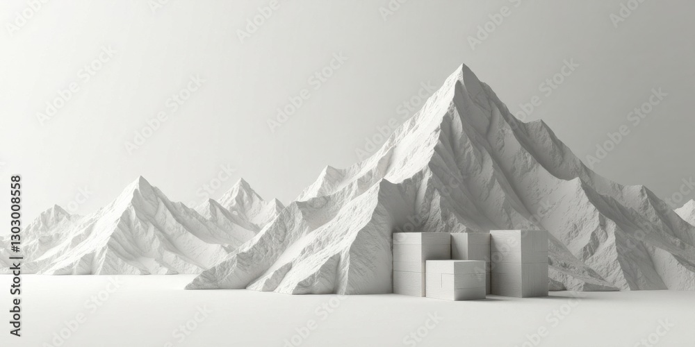 Aufkleber Monochromatic Mountain Range with Abstract Cubic Forms in a Minimalist Composition