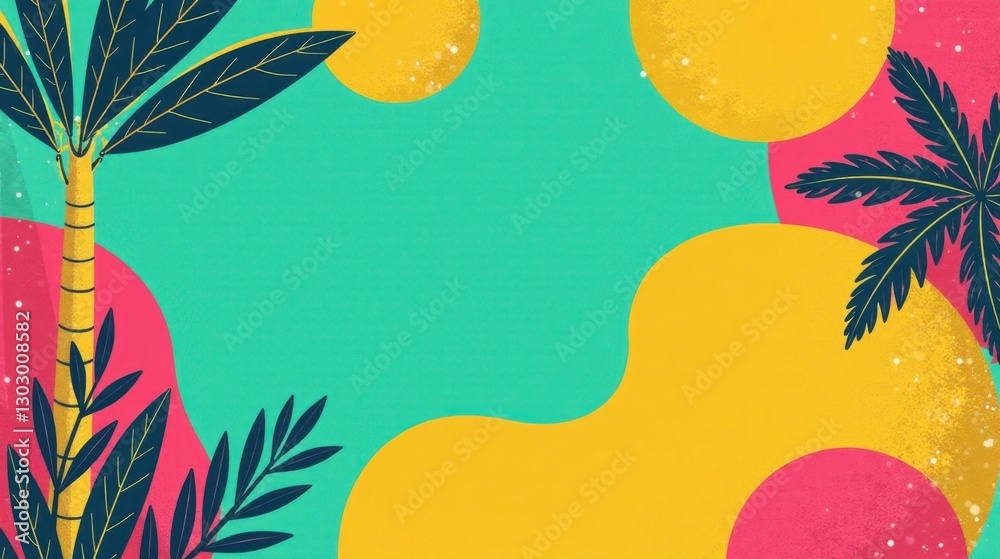 Poster vibrant tropical summer background with abstract shapes and palm trees, ideal for various design pro