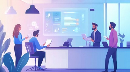 Creative business team in a modern office, brainstorming new startup ideas with holographic data projections