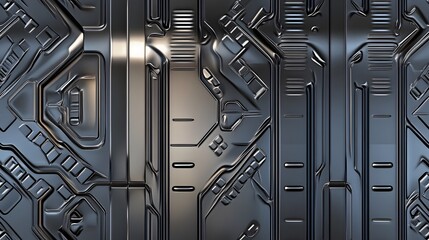 Seamless Futuristic Brushed Metal Panel Pattern with Embossed Technical Details long title Seamless futuristic brushed metal panel pattern with