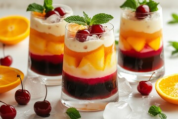 Vibrant and colorful layered dessert dirty sodas in various flavors with layers of cream, fruit sauce, cherry pieces, mint leaves, orange slices, and ice cubes