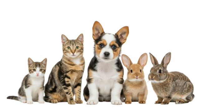 Curious pets sitting together, showcasing companionship and calmness against a white background