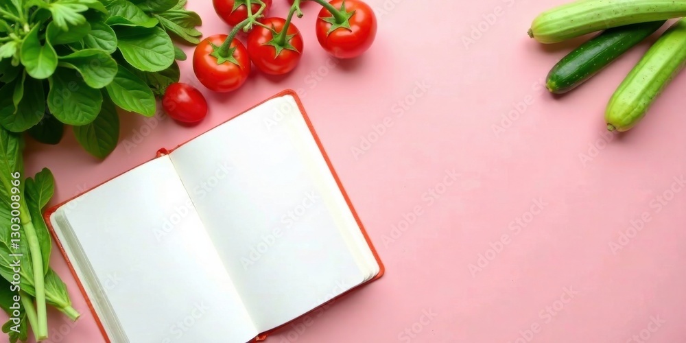 Poster Blank Cookbook Page with Fresh Produce Arranged Artistically on a Pink Background