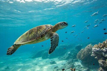 Obraz premium Green Sea Turtle Swimming in Coral Reef