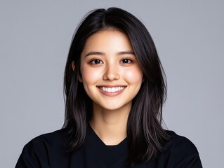 Fototapeta premium Smiling young woman in a black shirt against a neutral background, radiating positivity