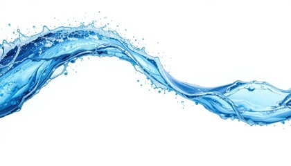 Dynamic Flow of Clear Water with Splashing Droplets on White Background for Creative Visuals and Designs