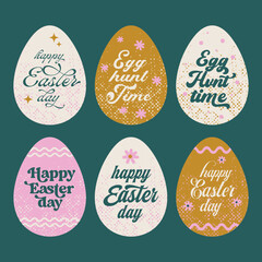 Happy Easter. Set of Easter eggs with different textures on a green background. Spring holiday. Vector Illustration isolated. Happy easter eggs
