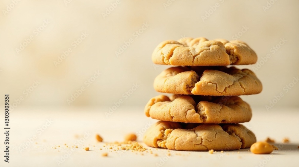 Poster a tempting stack of four golden-brown peanut butter cookies, freshly baked and subtly textured, rest