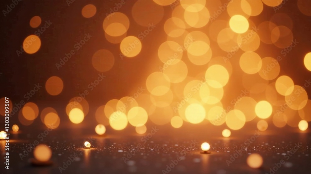 Poster Golden bokeh lights shimmer on a dark surface, creating a warm and inviting festive backdrop for design projects.