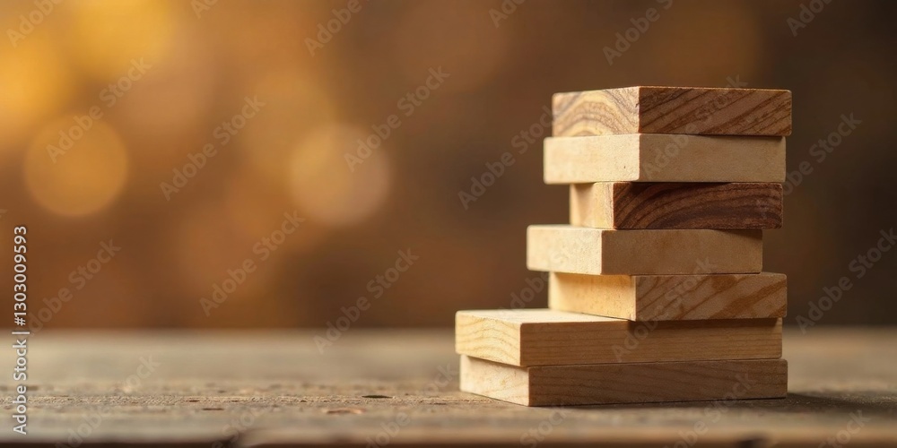 Fototapete a stack of unfinished wooden blocks on a rustic tabletop with a warm, bokeh background