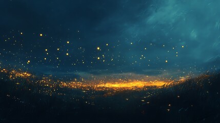 Fototapeta premium Enchanted Night: A Myriad of Fireflies Illuminating the Landscape Under a Stormy Sky