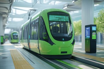 Futuristic urban environment with green autonomous tram journey cartoon