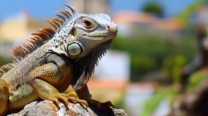 Obraz premium Close-Up of a Colourful Iguana Amidst the Vibrant Background of an Old Spanish Fort in San Marius