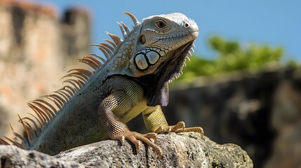 Fototapeta premium Close-Up View of Iguana at Historic Spanish Fort in San Juan, Puerto Rico