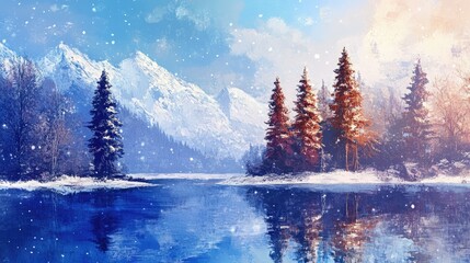 A serene winter landscape painting featuring snow-covered mountains in the background,