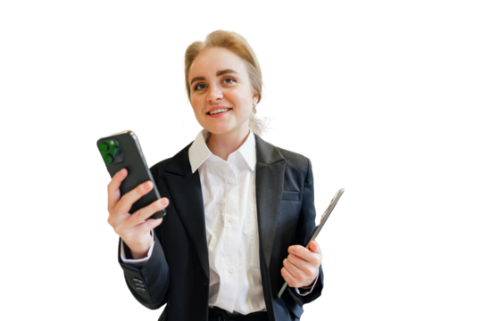 Professional woman smiling while holding a smartphone and tablet in a bright office setting - Powered by Adobe