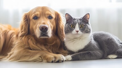 Dog and Cat Sitting Together, Playful Companionship in Minimal Setting