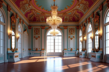 Fototapeta premium The image depicts a luxurious baroque-style ballroom with intricate decorations, frescoes, and turquoise accents, complemented by arched windows and fuchsia-framed mirrors.