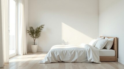 Serene Minimalist Bedroom with Sunlight Streaming Through Sheer Curtains and a Light Wood Bed
