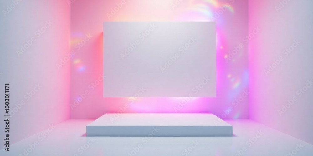 Aufkleber minimalist pastel pink and white studio backdrop with elevated platform and blank rectangular sign