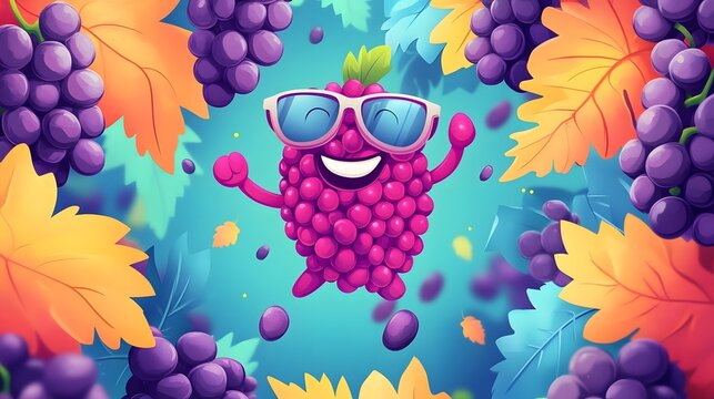 A playful flat illustration for National Raisin Day, depicting a smiling raisin character with sunglasses, dancing among grapes and leaves, set against a stylish and colorful abstract background