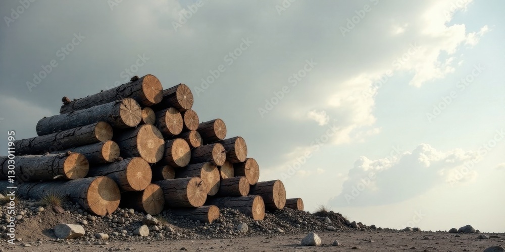 Poster a precisely stacked pile of timber logs rests on a gravel surface beneath a partly cloudy sky