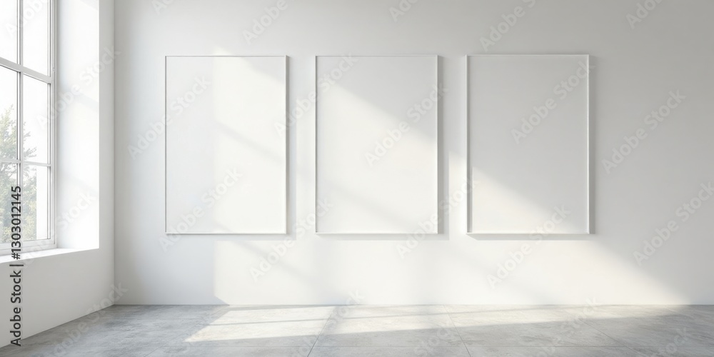 Poster sunlit minimalist interior with three blank vertical frames ready for artwork display