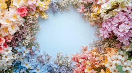 A wooden frame surrounded by a vibrant arrangement of flowers on a soft, light background.