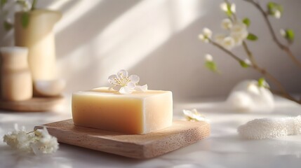 Handmade Minimalist Still Life Featuring Natural Soap with Delicate Floral Accents in Serene Setting